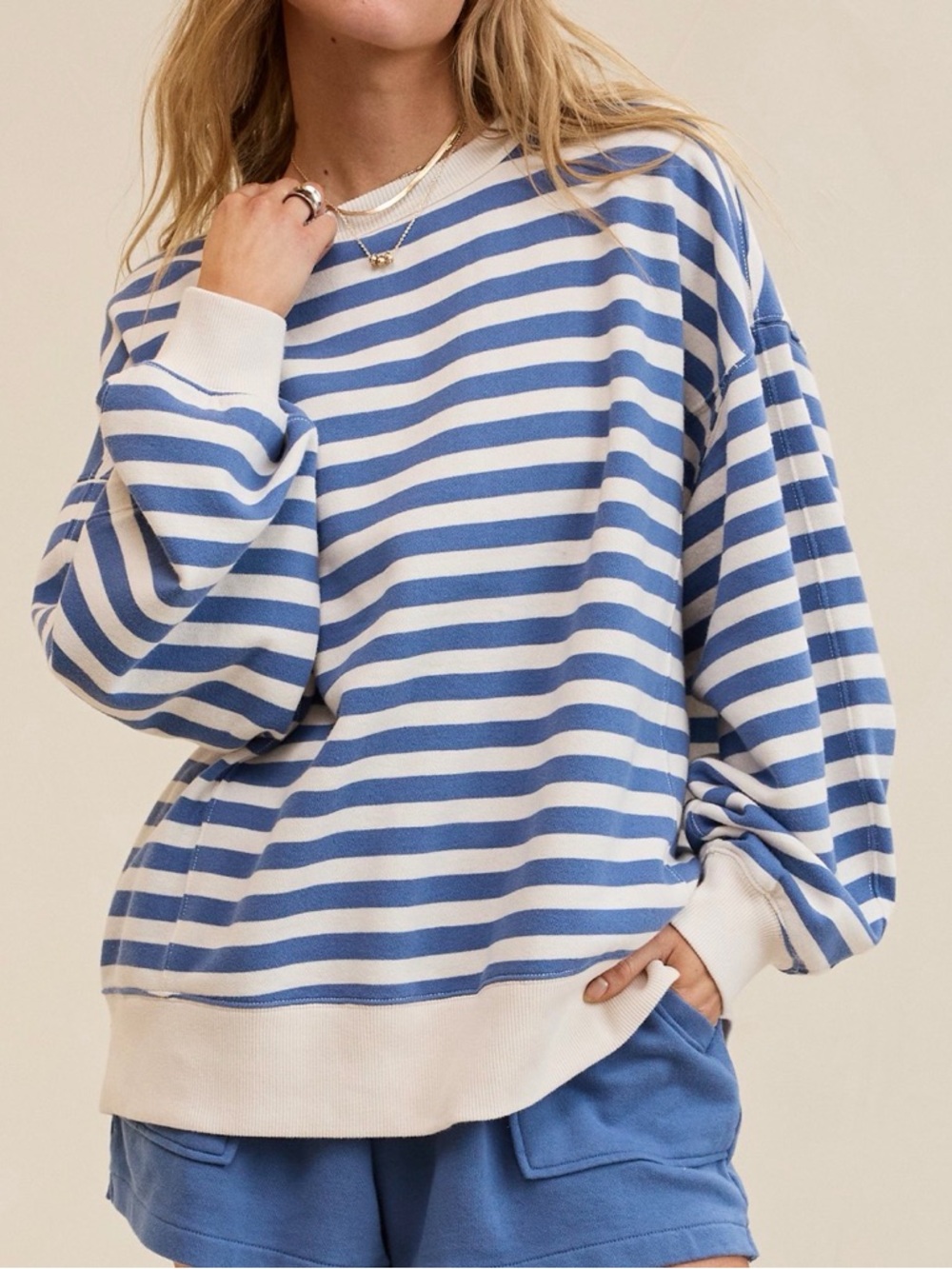 Aerie Go-To Sweatshirt Size XS Blue/Natural Stripe - Picture 2 of 4